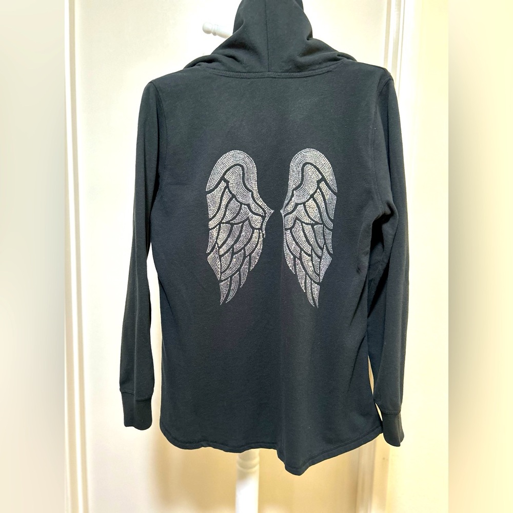 Victoria Secret ~ Black light weight ~sequin Angel Wings hooded sweatshirt~